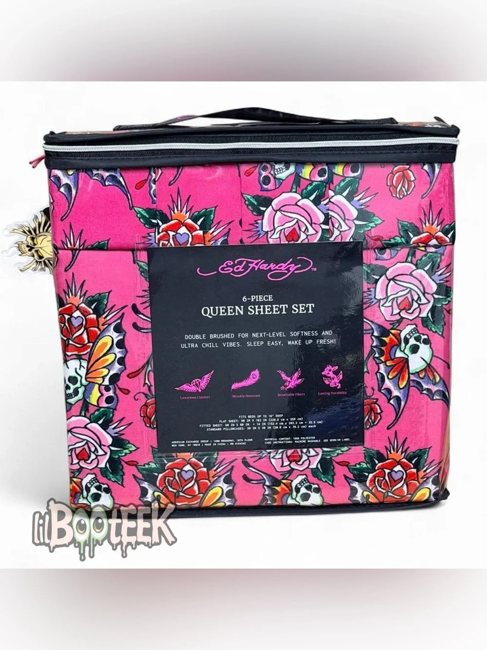 Ed Hardy QUEEN Pink Butterfly Rose Tattoo 6 Piece Sheet Set NEW VIRAL Y2K